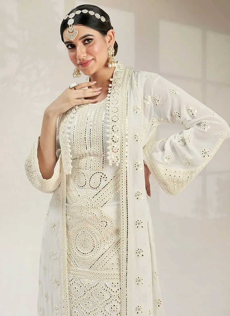 Cream White Mirror Work Embroidery Jacket Style Palazzo Suit