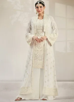Cream White Mirror Work Embroidery Jacket Style Palazzo Suit
