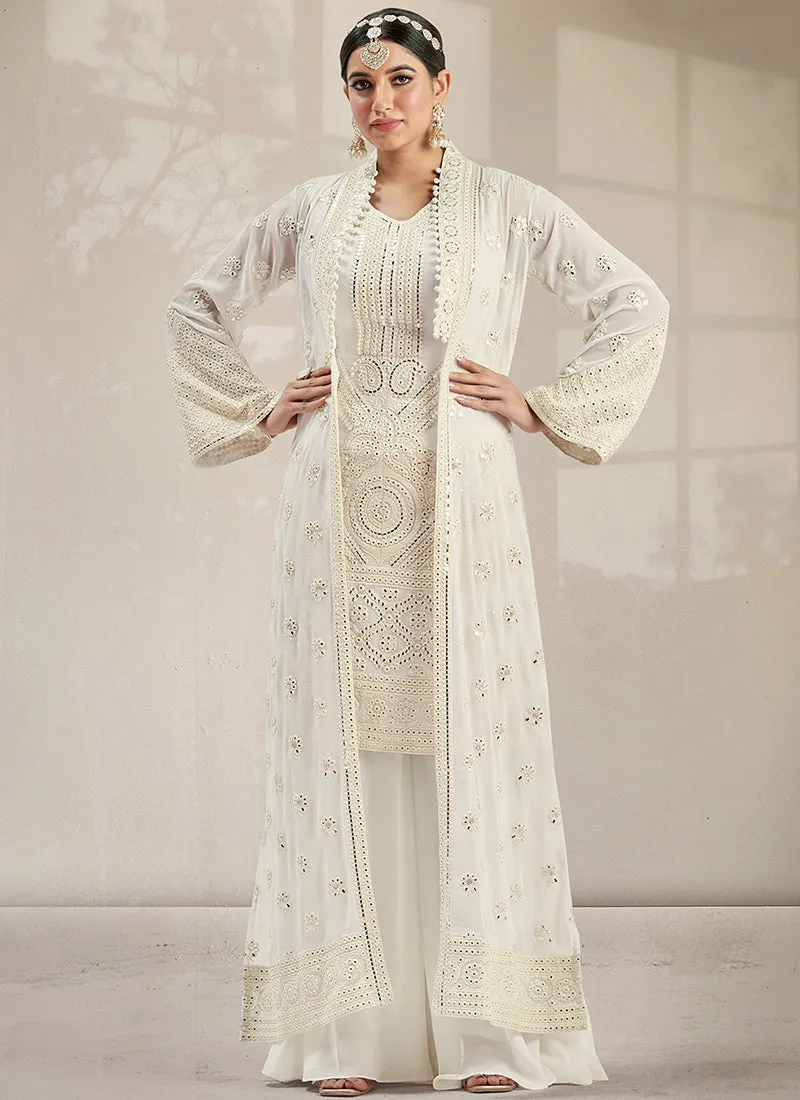 Cream White Mirror Work Embroidery Jacket Style Palazzo Suit