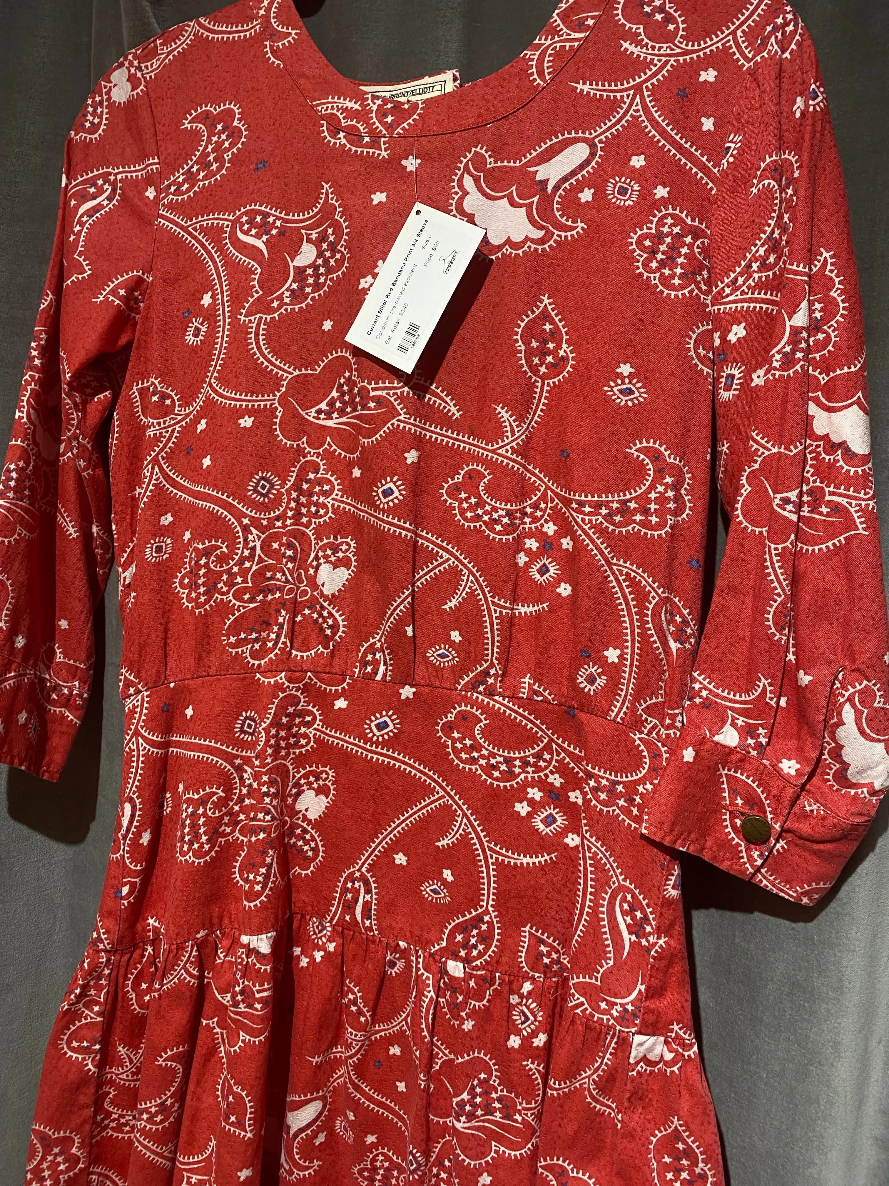 Current Elliot Red Bandana Print 3/4 Sleeve Open Back Mini Dress