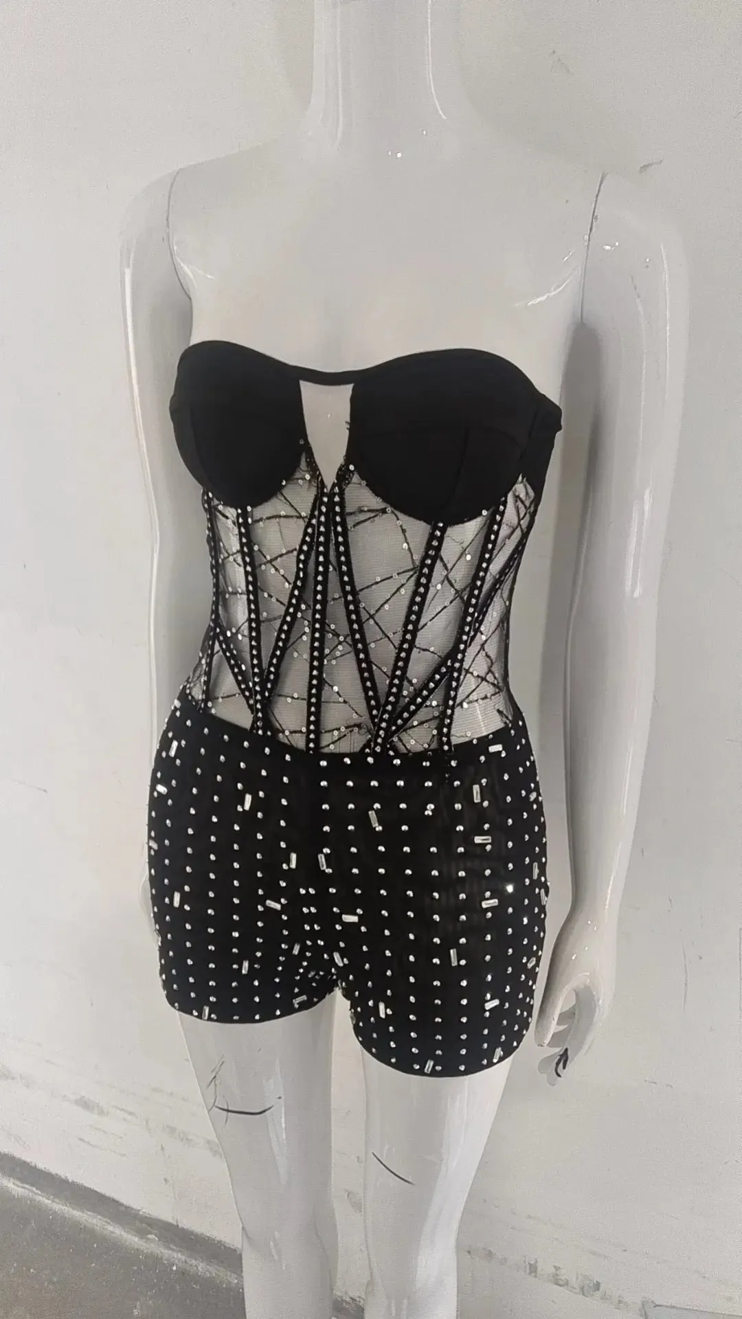 Cutout Rhinestone Long Sleeve Two-Piece Suit - Slimming Fashion Set