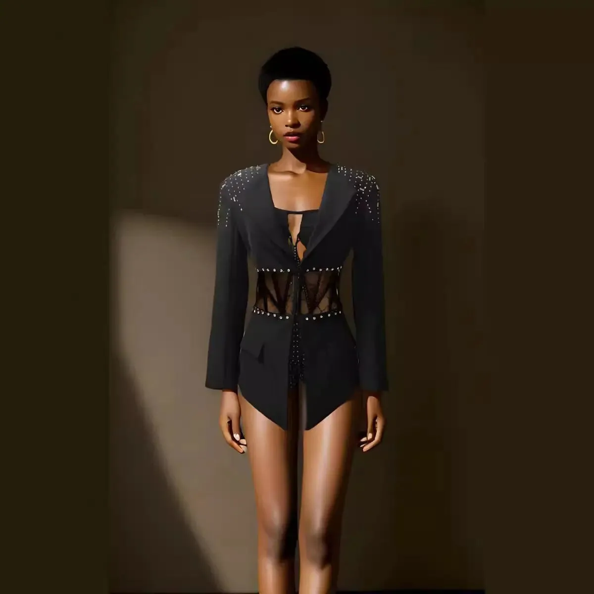 Cutout Rhinestone Long Sleeve Two-Piece Suit - Slimming Fashion Set