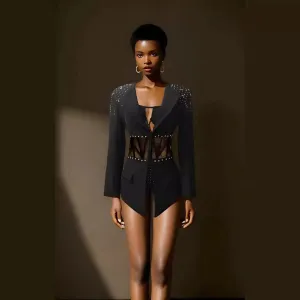 Cutout Rhinestone Long Sleeve Two-Piece Suit - Slimming Fashion Set