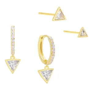 CZ Triangle Huggie X Stud Earring Combo Set