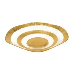 (D) Elegant Glass Round Wave Bowl Decorated with Gold Leaf Stripes 8 Inches