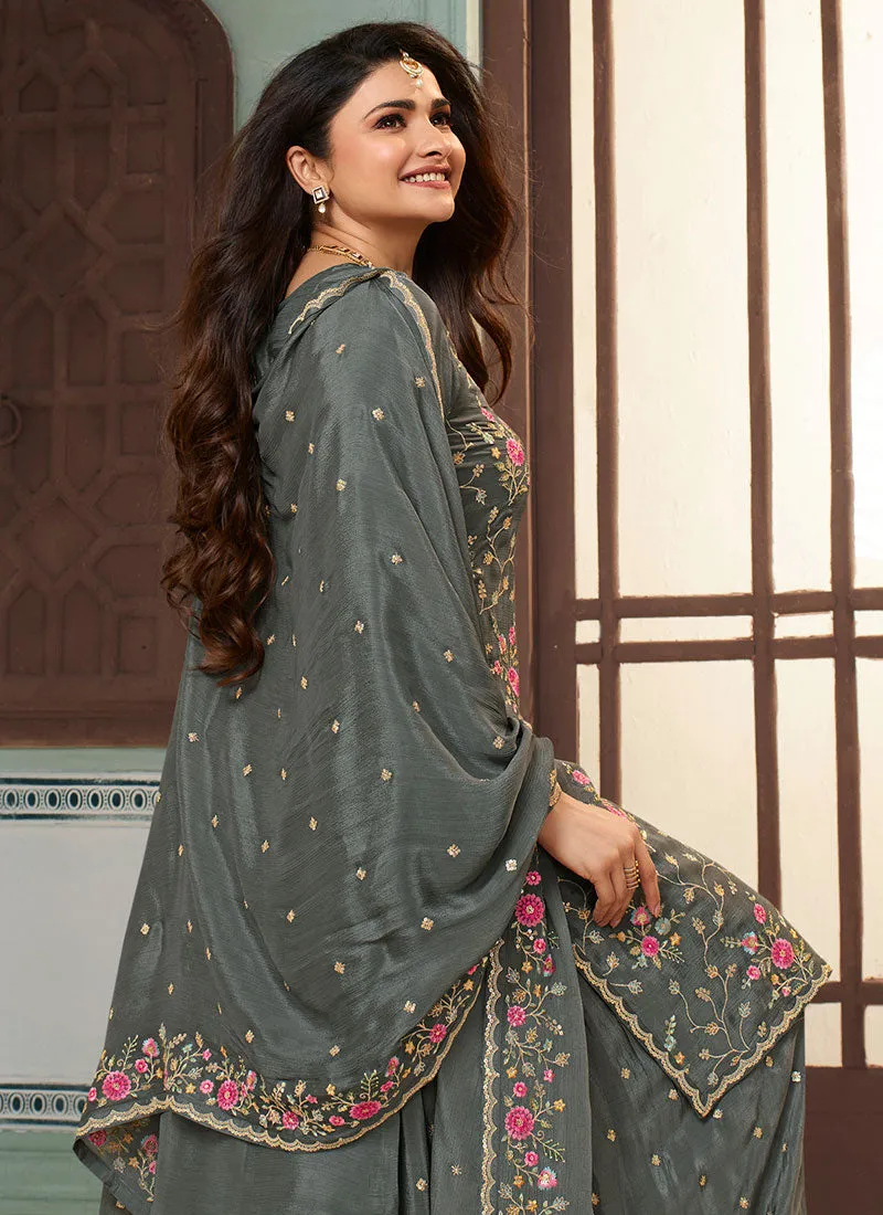 Deep Grey Traditional Multi Embroidery Sharara Suit