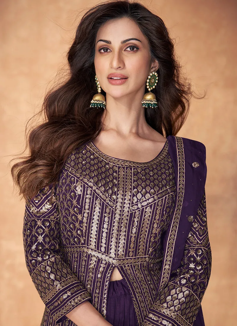 Deep Purple Sequence Embroidery Slit Style Anarkali Lehenga