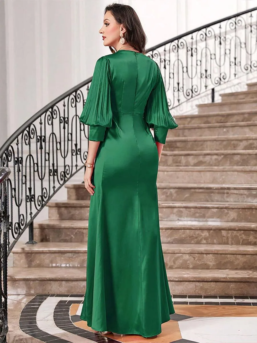 Deep V-Neck Long Sleeve Pleated Formal Dress MCW0925