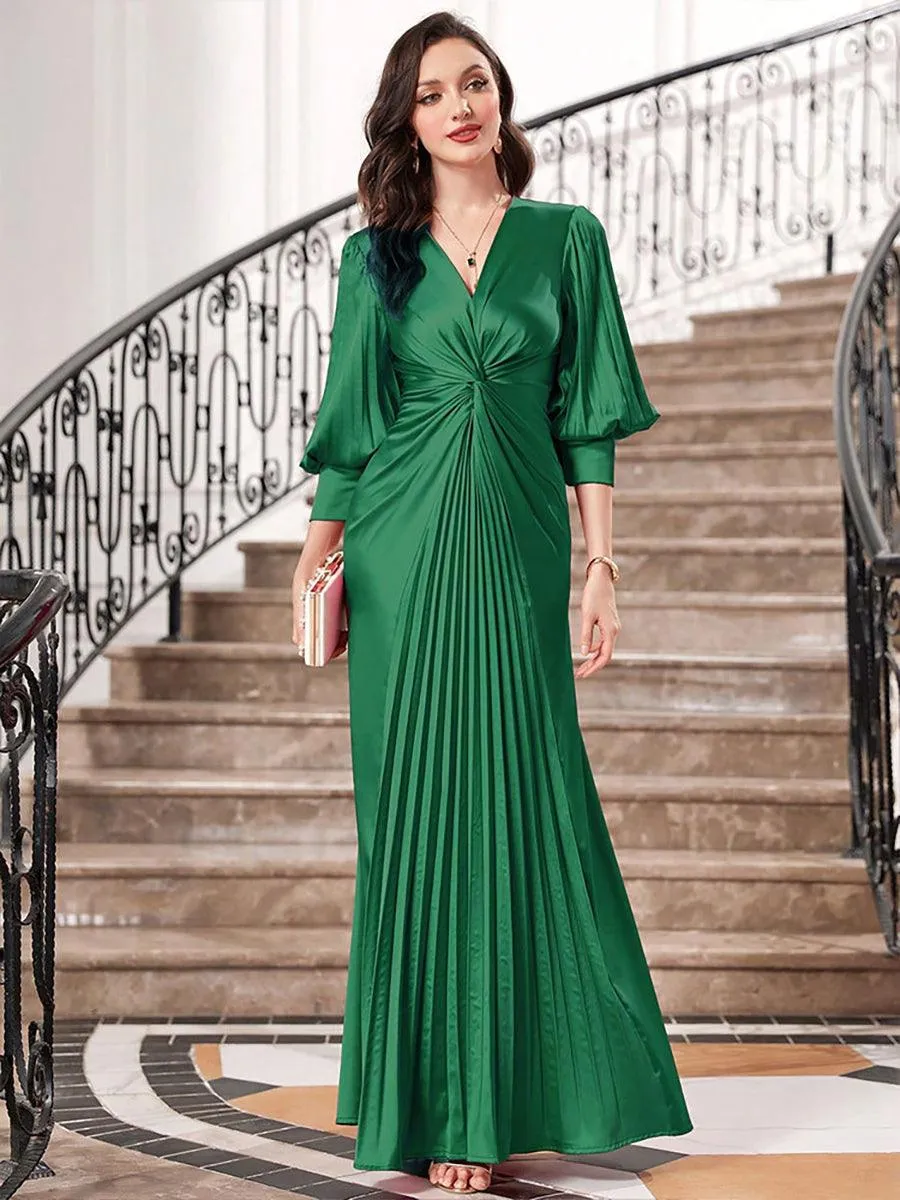 Deep V-Neck Long Sleeve Pleated Formal Dress MCW0925