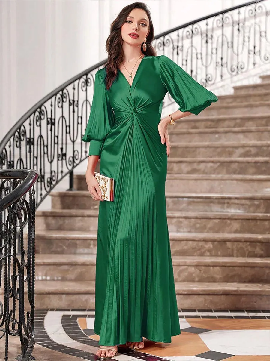Deep V-Neck Long Sleeve Pleated Formal Dress MCW0925