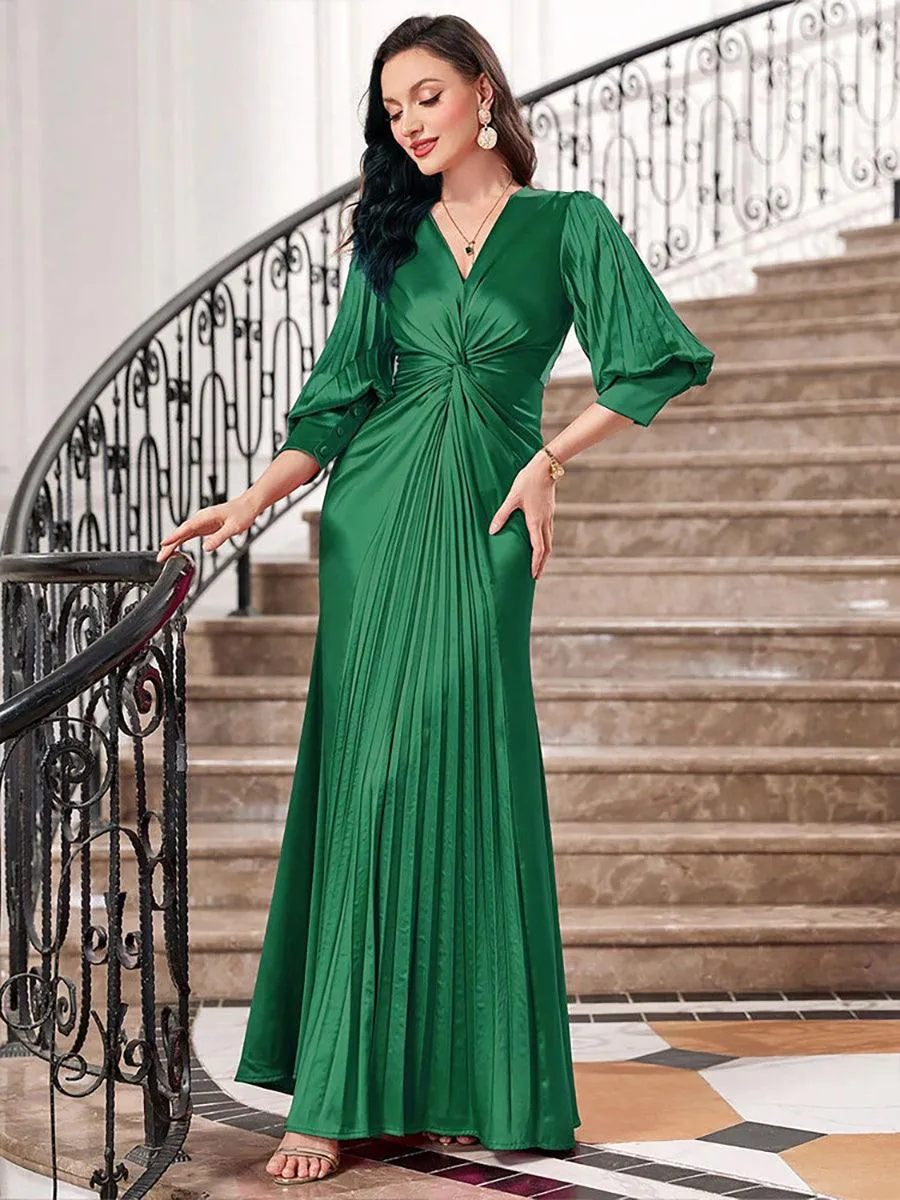 Deep V-Neck Long Sleeve Pleated Formal Dress MCW0925