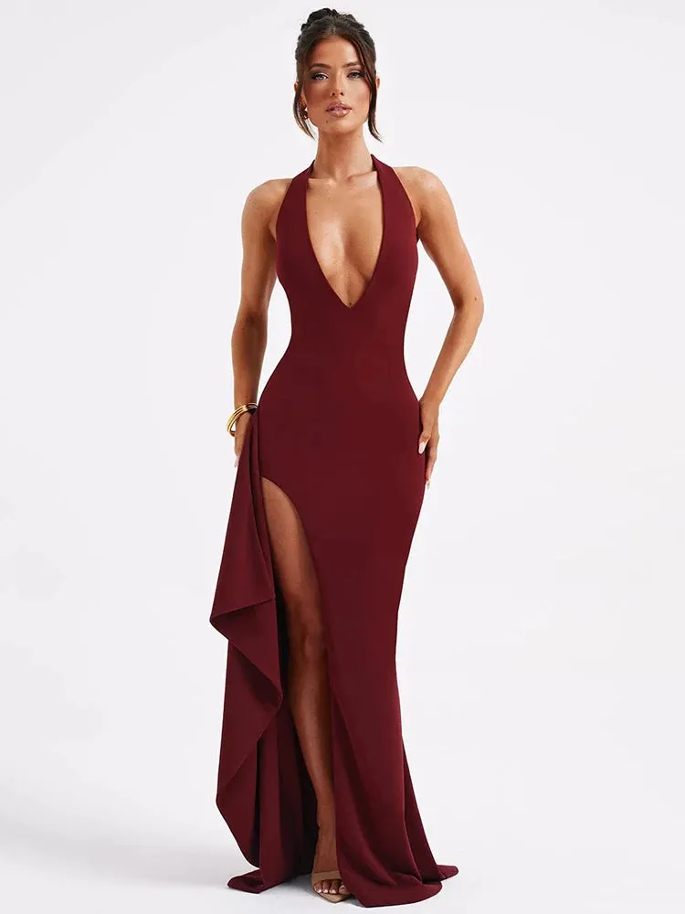 Deep V-Neck Thigh High Split Maxi Dress Women's Halter Sleeveless Backless Bodycon Clubwear Party Sexy Long Dress