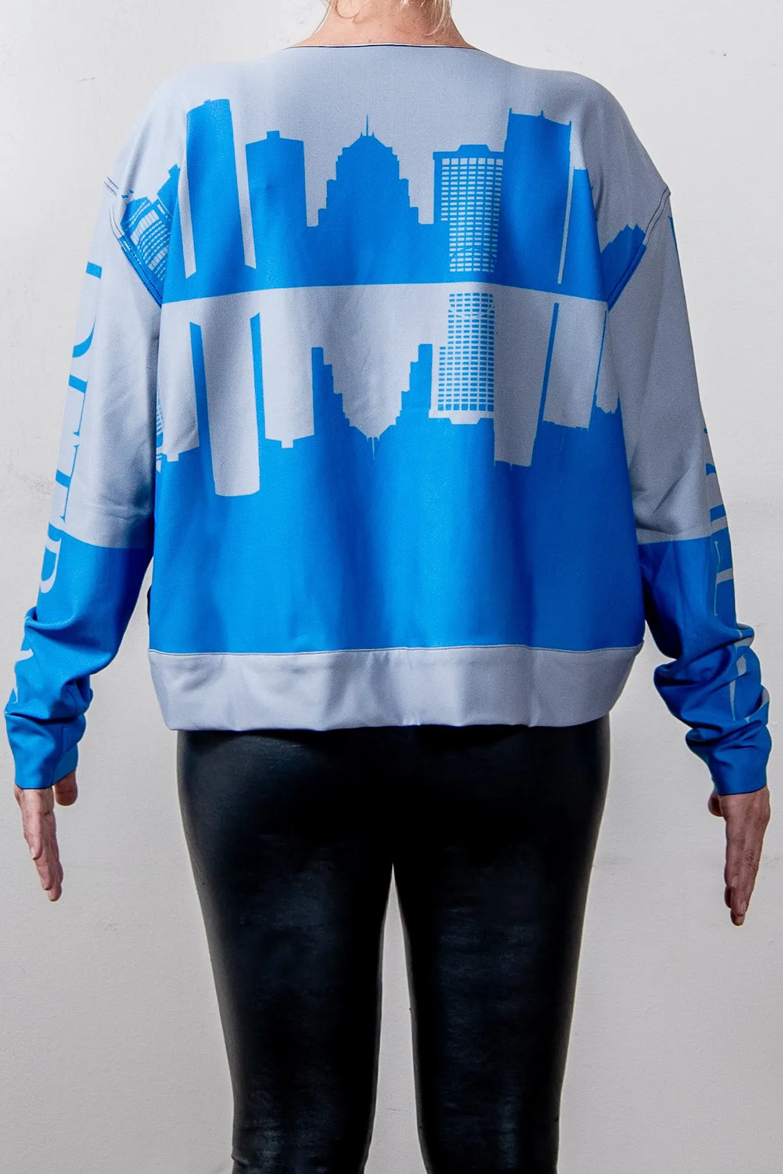 DETROIT SILVER & BLUE SKYLINE REVERSIBLE HI-LO SWEATSHIRT