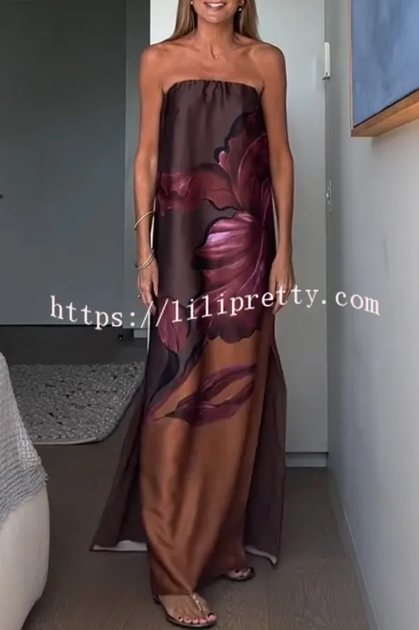 Drawing Inspiration Satin Floral Print Off Shoulder A-line Slit Maxi Dress