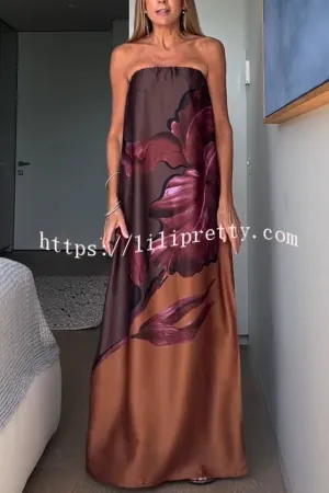 Drawing Inspiration Satin Floral Print Off Shoulder A-line Slit Maxi Dress