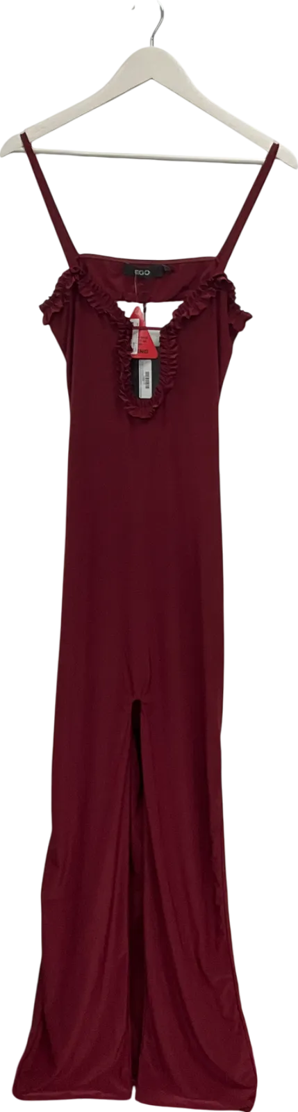 Ego Red Plunge Cut Out Frill Detail Slit Skirt Maxi Dress UK 14