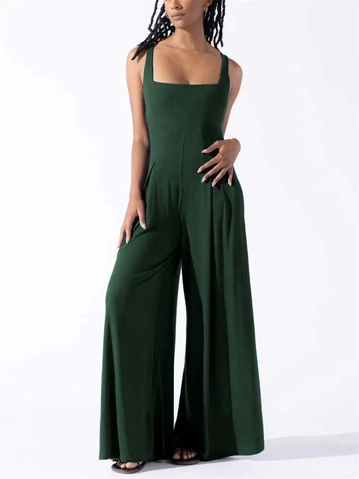 Elegant Square Neck Sleeveless Wide Leg Jumpsuit for Women