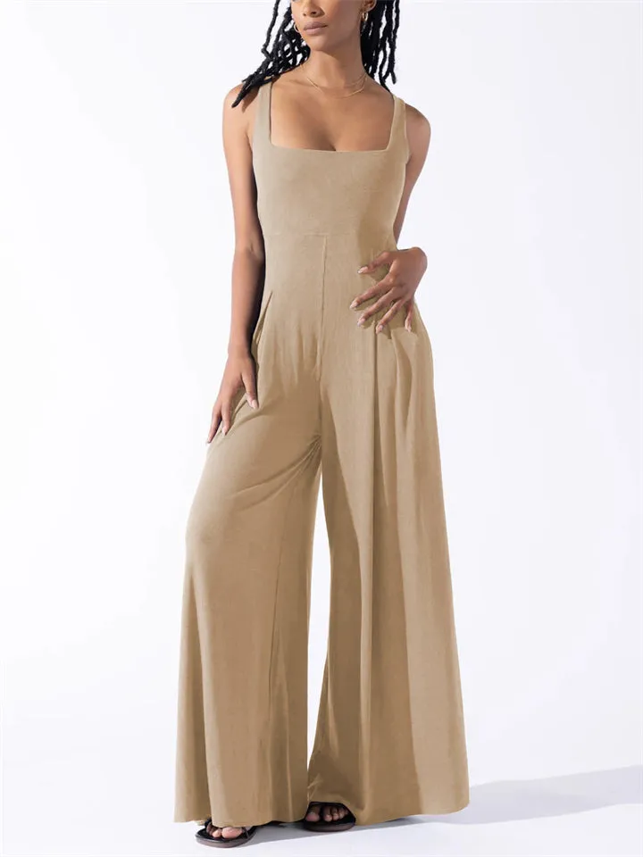 Elegant Square Neck Sleeveless Wide Leg Jumpsuit for Women