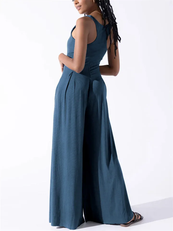 Elegant Square Neck Sleeveless Wide Leg Jumpsuit for Women