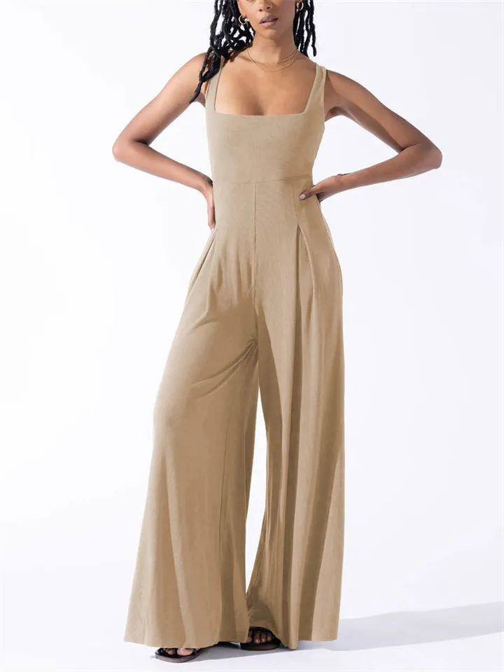 Elegant Square Neck Sleeveless Wide Leg Jumpsuit for Women
