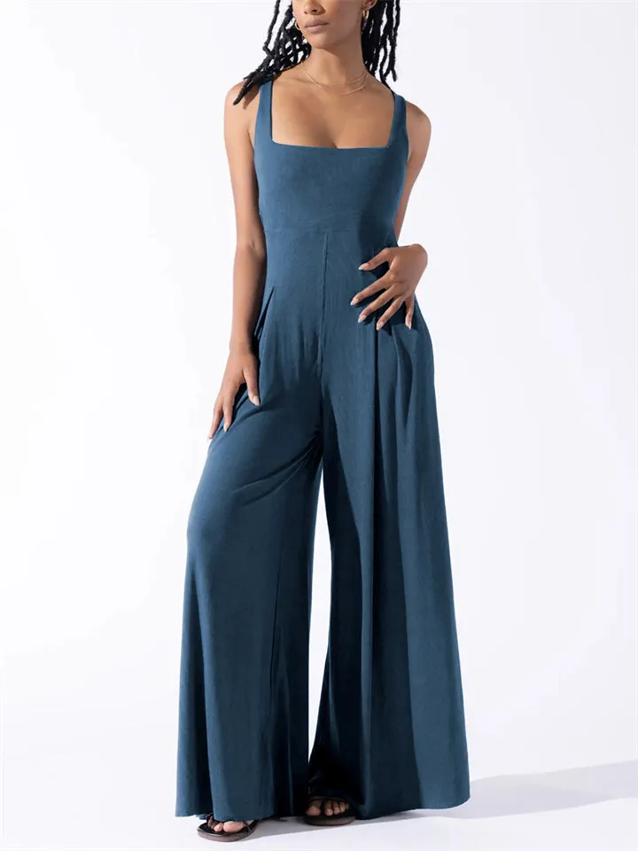 Elegant Square Neck Sleeveless Wide Leg Jumpsuit for Women