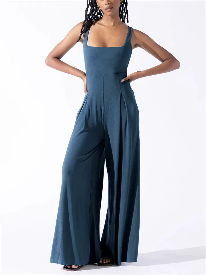 Elegant Square Neck Sleeveless Wide Leg Jumpsuit for Women