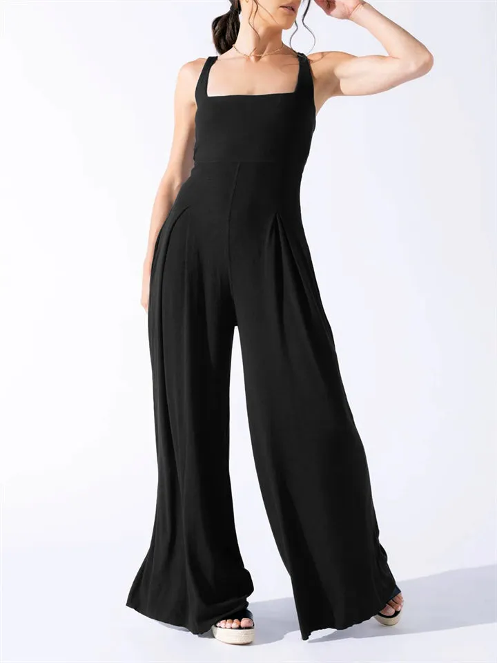 Elegant Square Neck Sleeveless Wide Leg Jumpsuit for Women
