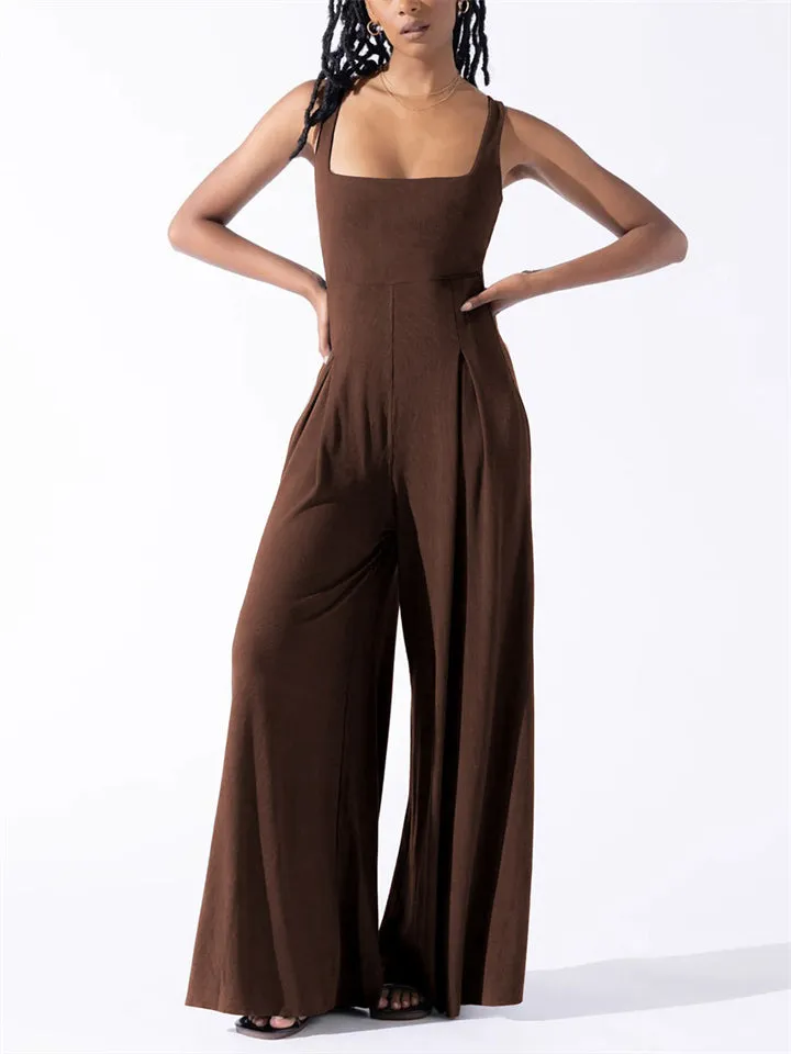 Elegant Square Neck Sleeveless Wide Leg Jumpsuit for Women