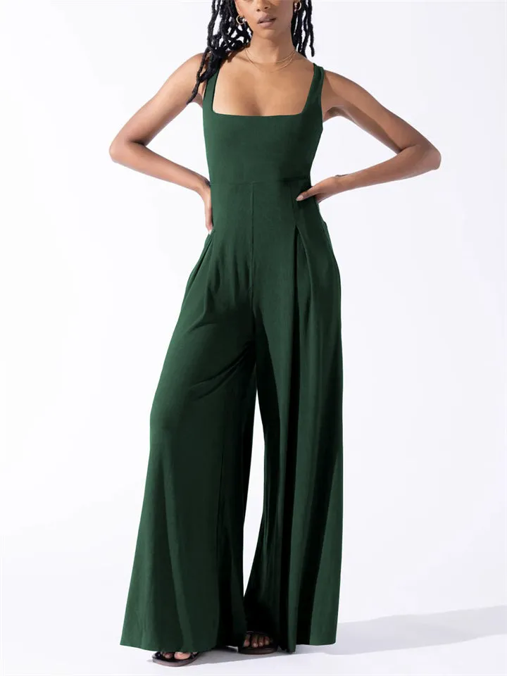 Elegant Square Neck Sleeveless Wide Leg Jumpsuit for Women