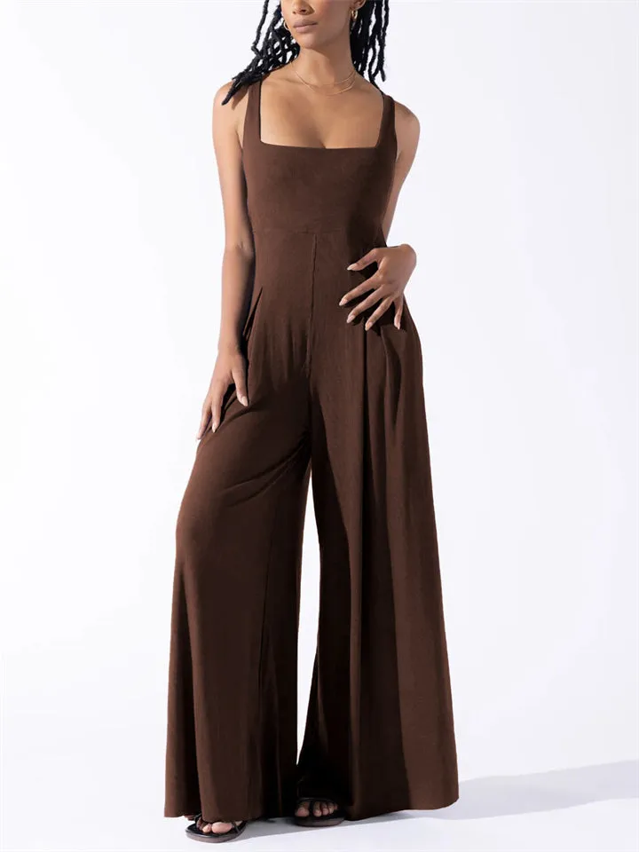 Elegant Square Neck Sleeveless Wide Leg Jumpsuit for Women
