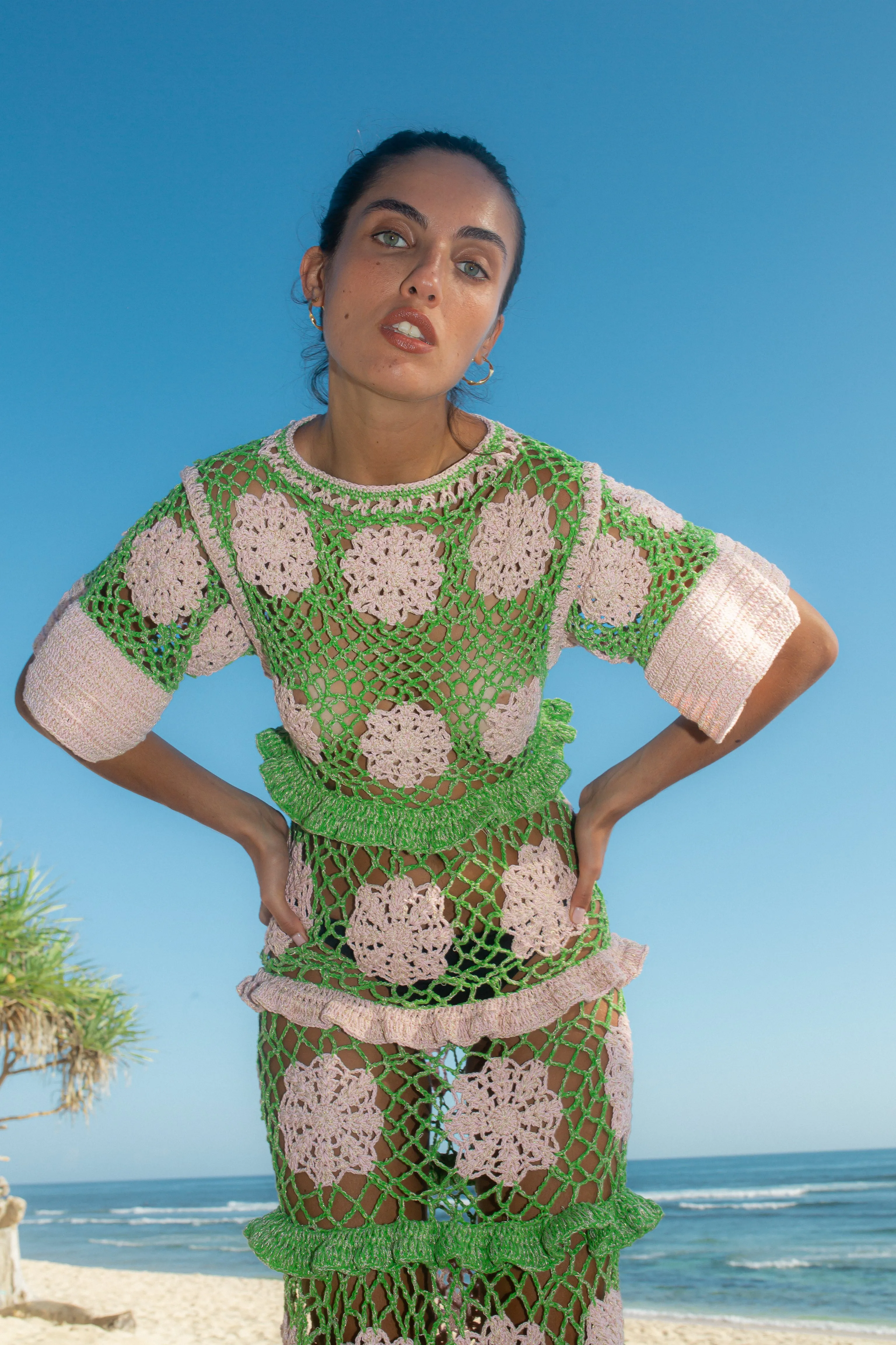 Elle Crochet Dress Green/Pink