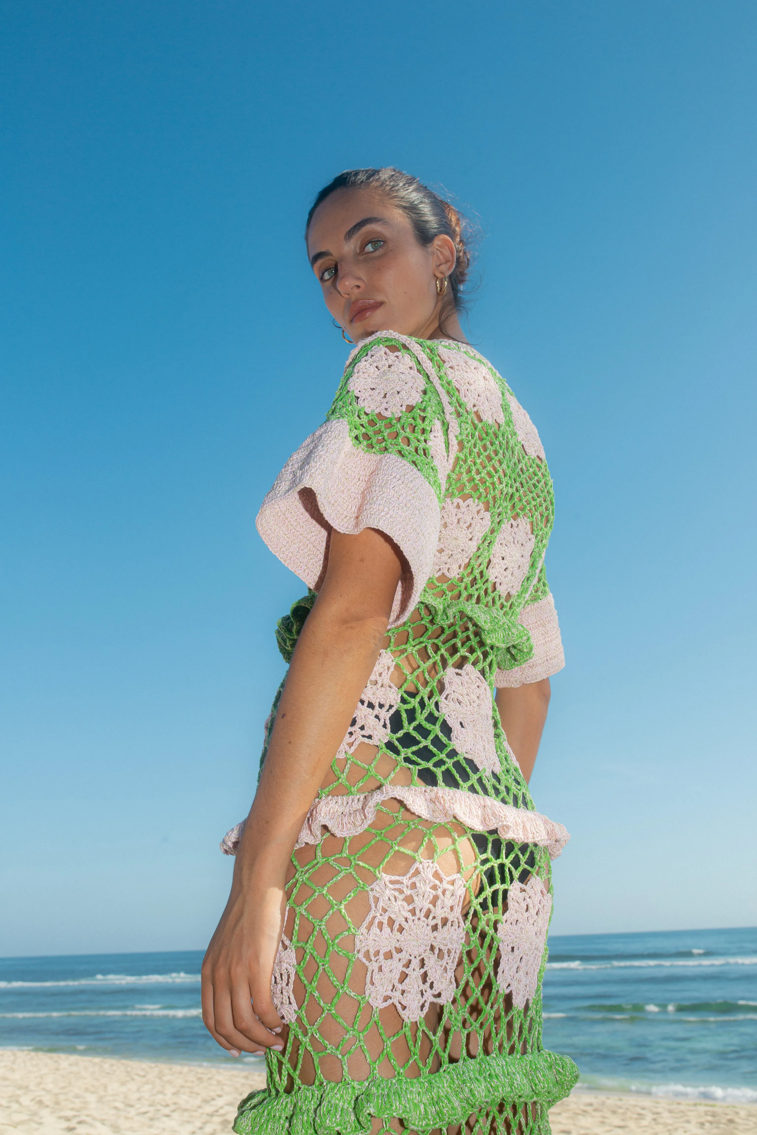 Elle Crochet Dress Green/Pink
