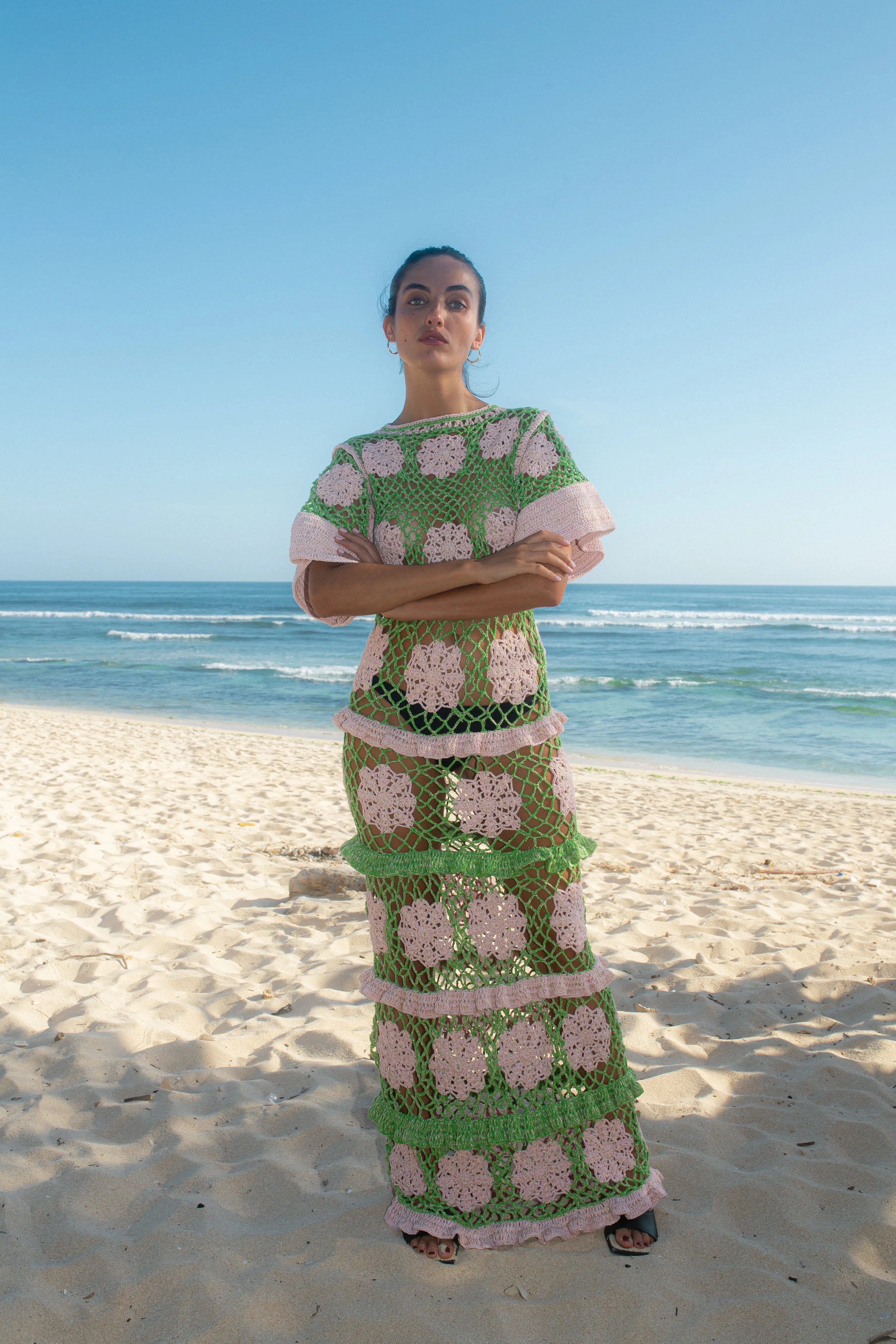 Elle Crochet Dress Green/Pink