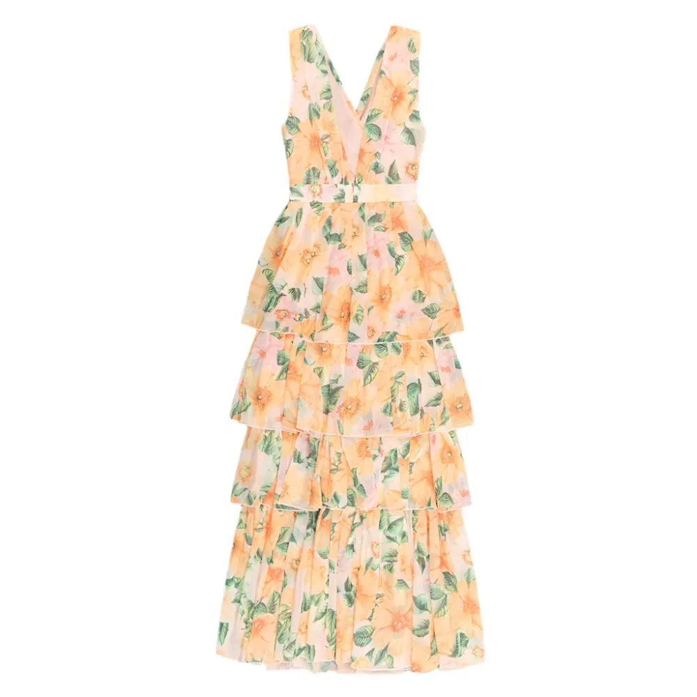 Floral Print Sleeveless V-Neck Tiered Maxi Dress