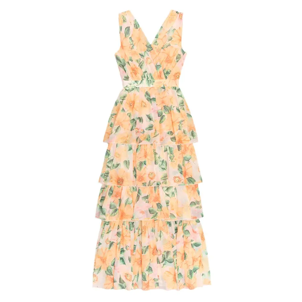 Floral Print Sleeveless V-Neck Tiered Maxi Dress