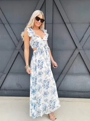 Floral Ruffle Cutout Maxi Dress In Blue