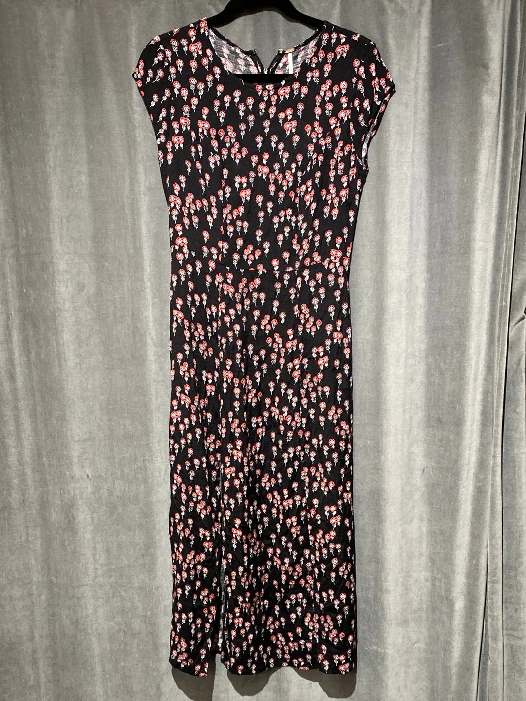 Free People Cap Sleeve Black and Red Floral Maxi Dress with Side Slit