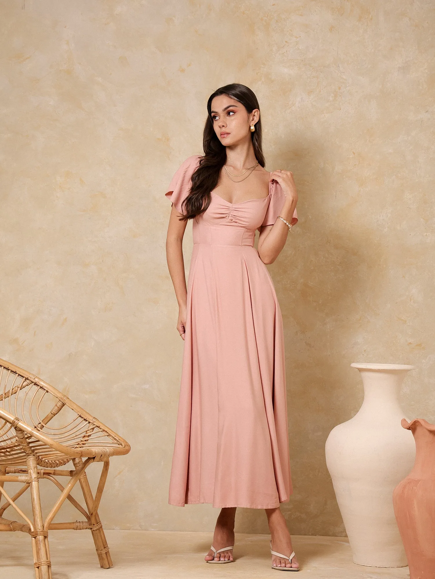 Front Bustier Ruched Butterfly Sleeved Maxi Dress