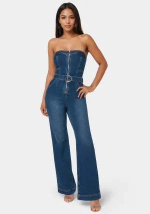 Front Zipper Wide Leg Denim Jumpsuit