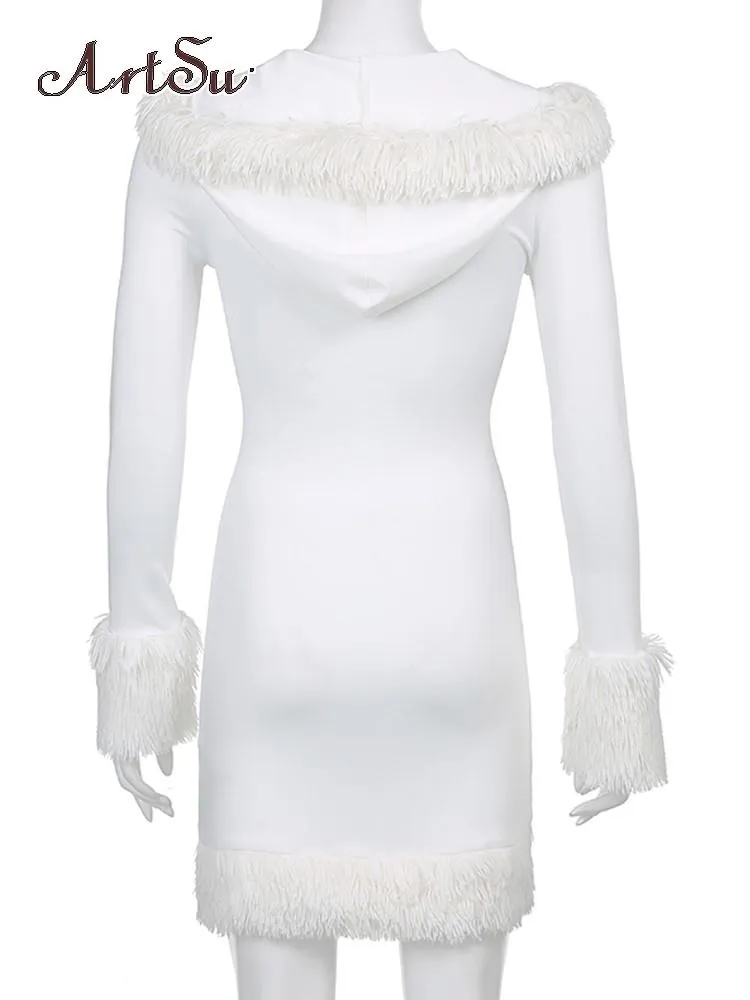 Furry White Bodycon Mini Dresses for Women Long Sleeve Hooded Party Club Dress Skinny Fit