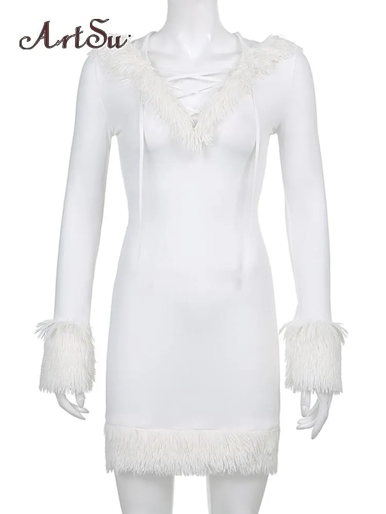 Furry White Bodycon Mini Dresses for Women Long Sleeve Hooded Party Club Dress Skinny Fit
