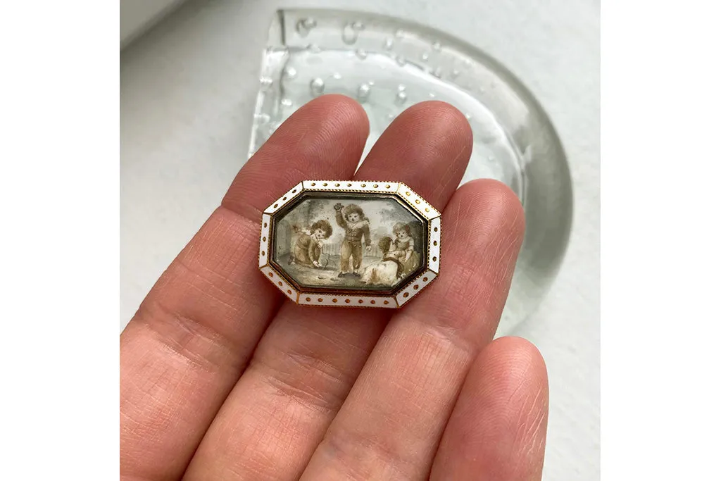 Georgian White Enamel Sepia 'Children' Miniature Pin