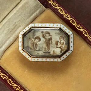 Georgian White Enamel Sepia 'Children' Miniature Pin