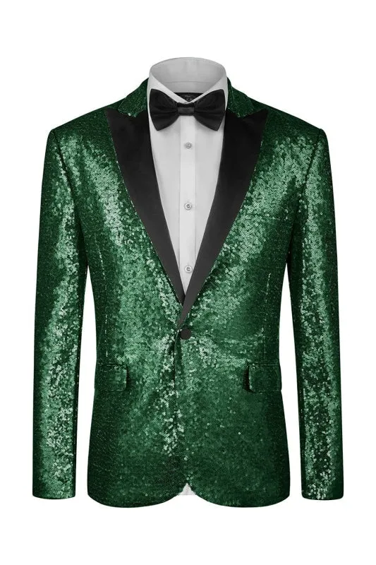 Glitter Dark Green Peaked Lapel Sequins Prom Suits for Men