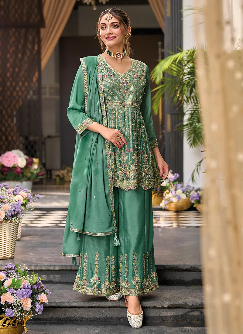 Green Multi Embroidery Sharara Style Suit