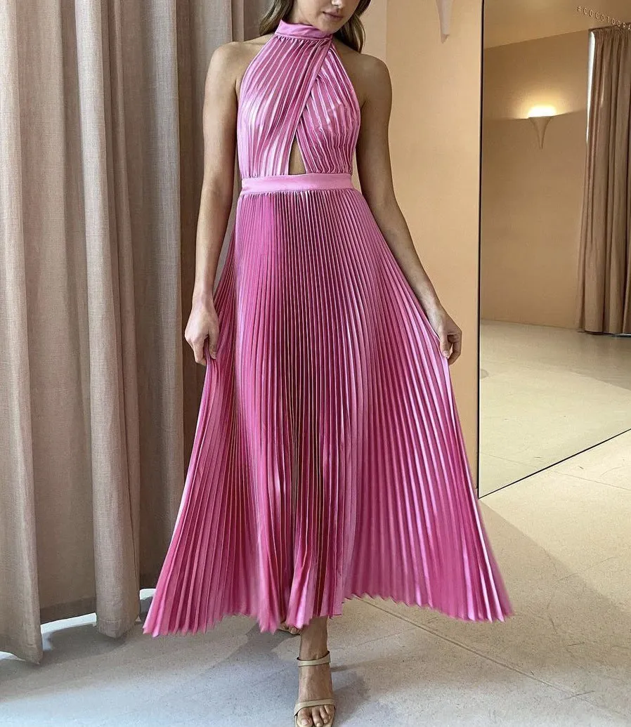 Halter Irregular Hem Pleated Party Maxi Midi Dresses