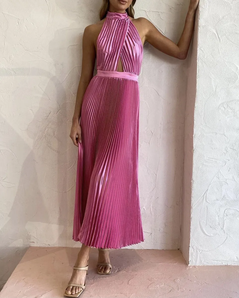 Halter Irregular Hem Pleated Party Maxi Midi Dresses