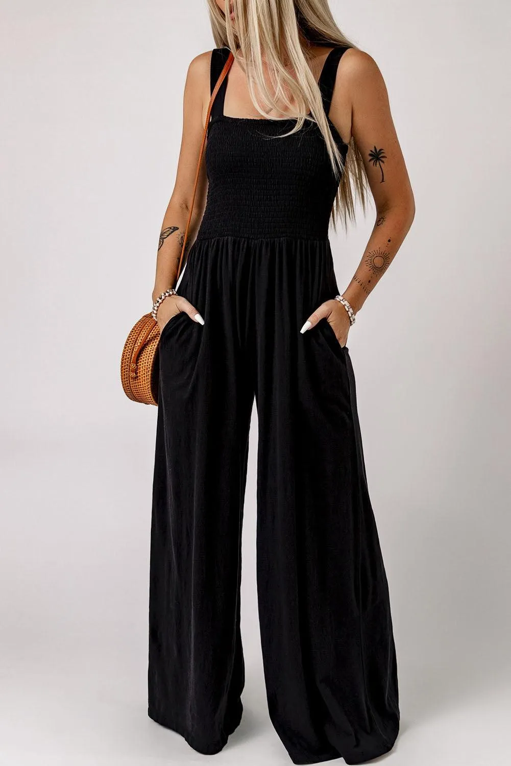 Hazel Blues® | Smocked Square Neck Wide Leg Jumpsuit with Pockets