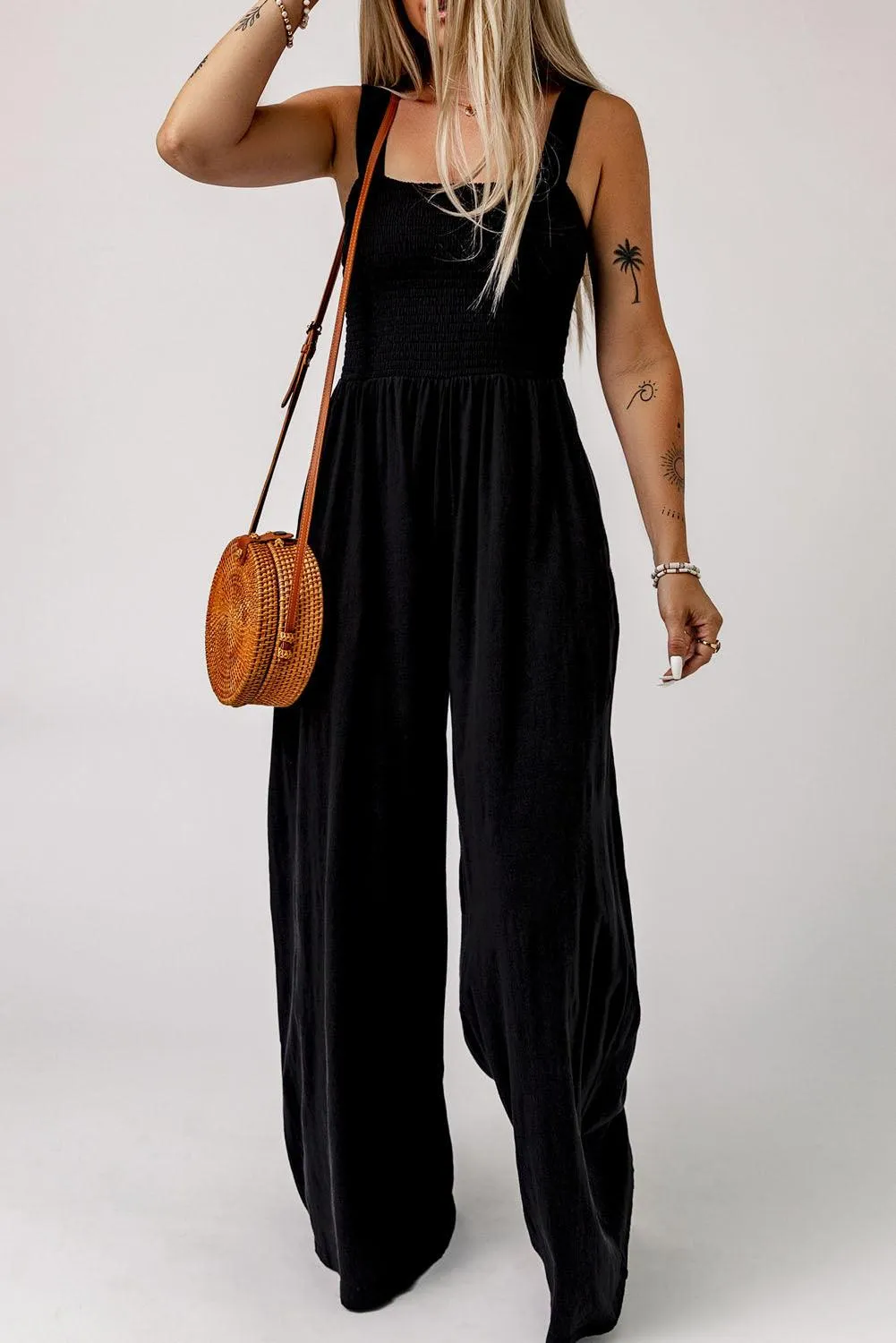 Hazel Blues® | Smocked Square Neck Wide Leg Jumpsuit with Pockets