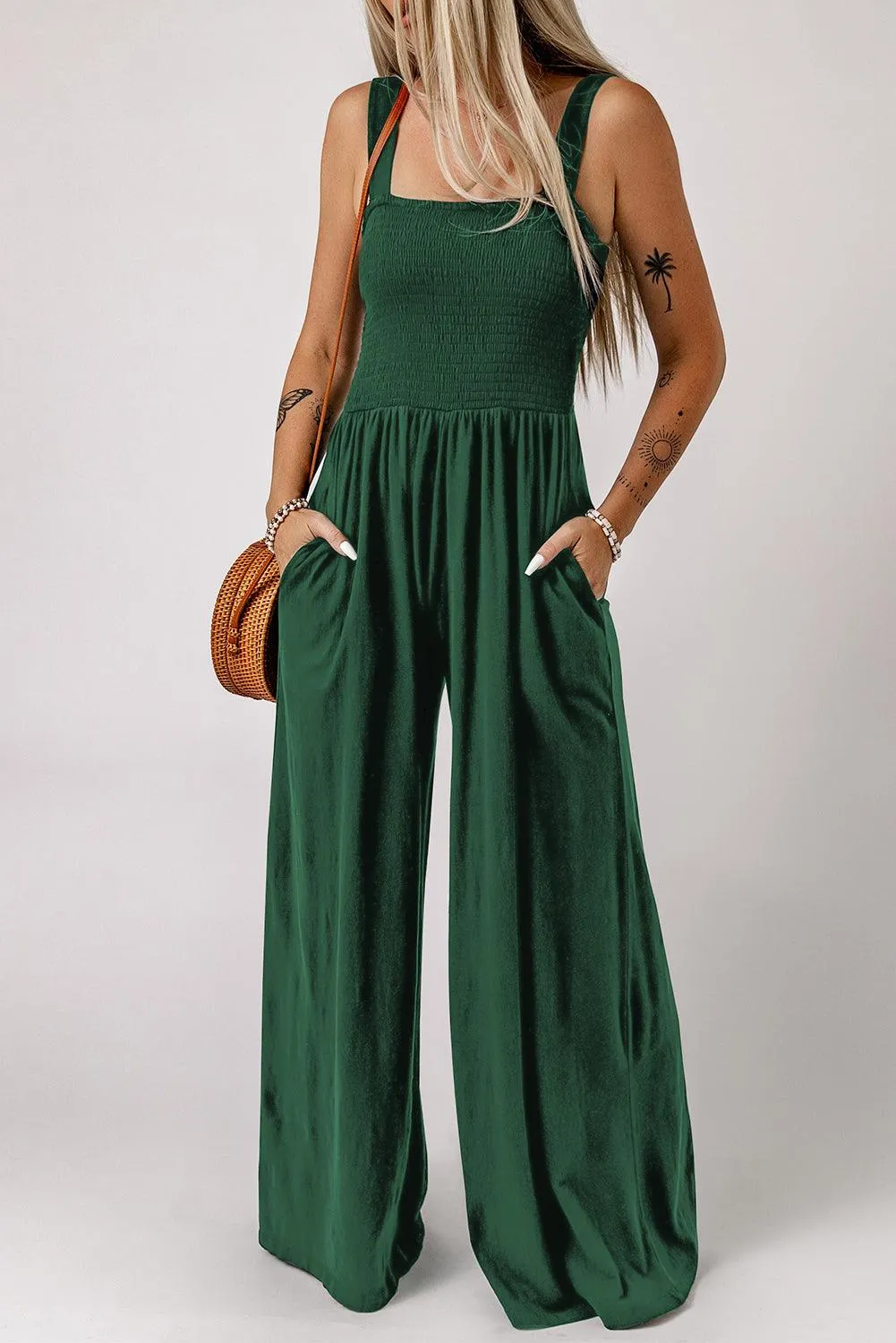 Hazel Blues® | Smocked Square Neck Wide Leg Jumpsuit with Pockets